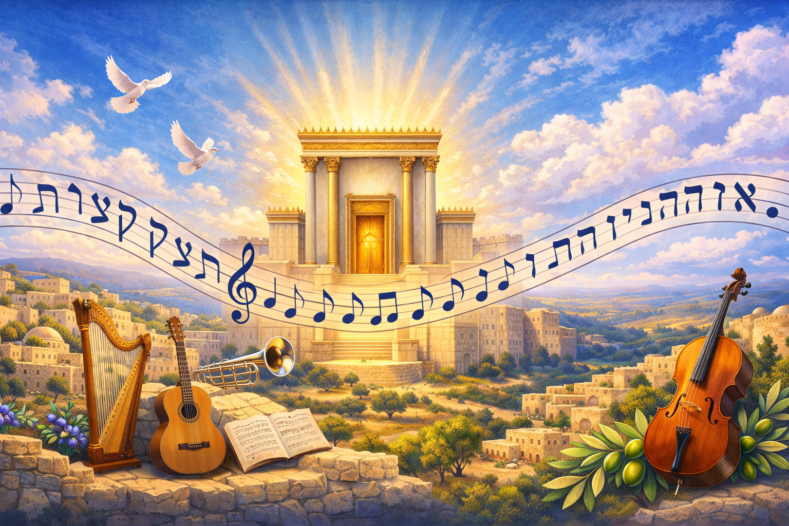 Temple with musical notes and Hebrew letters